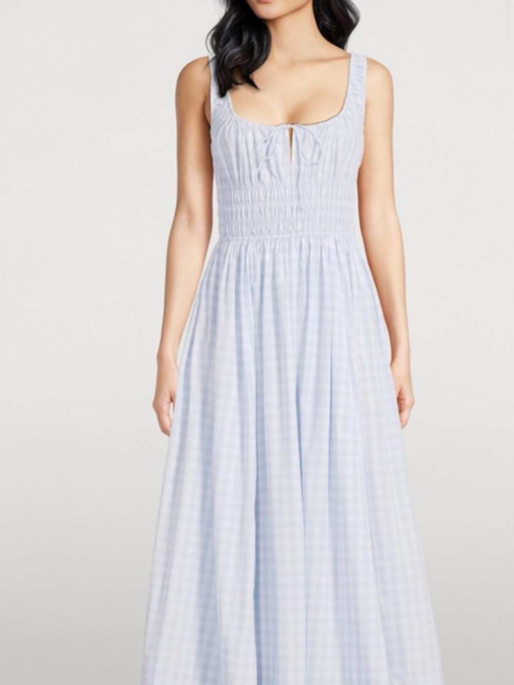 Doen Light Blue Gingham Midi Dress with Smocked Bodice